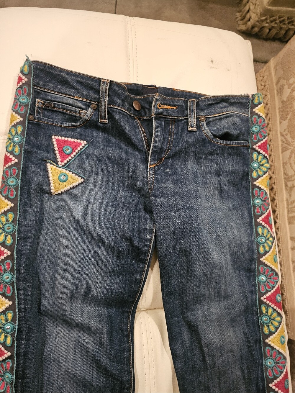 Joe Jeans Altered Embroidered Side-Stripe Patches Dark Wash Women’s Jeans.